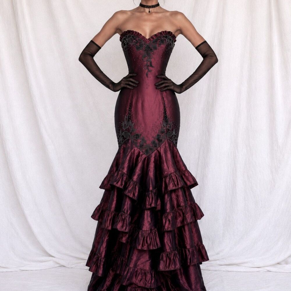 Vintage Burgundy Red Strapless Beaded Satin Ruffle Flared Maxi Prom Dress Size M